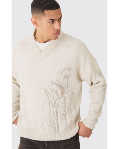 BoohooMAN Boxy V Neck Boucle Textured Knit Sweater - Natural