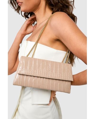 Boohoo Nude Croc Structured Crossbody Chain Bag - Natural