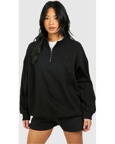 Boohoo Petite Basic Oversized Half Zip Sweatshirt - Black