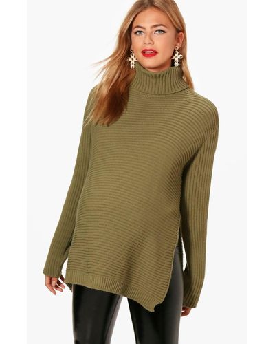 Boohoo Maternity Roll Neck Sweater With Side Split - Green
