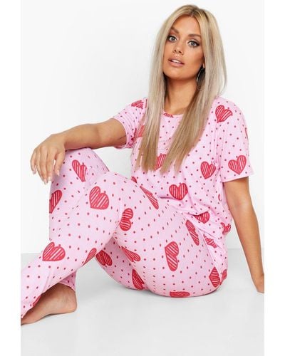 Boohoo Plus Heart Spot Print Loungewear Set - Pink
