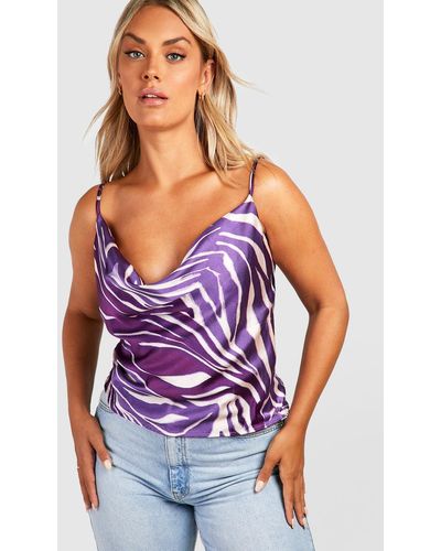 Boohoo Plus Satin Zebra Print Cowl Neck Cami Top - Purple