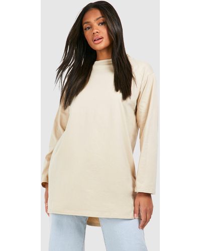 Boohoo Oversized Long Sleeve Dipped Hem T-shirt Dress - Natural