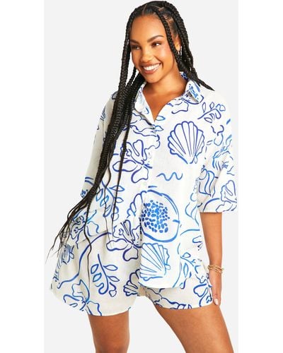 Boohoo Plus Linen Look Shell Print Relaxed Fit Shirt & Shorts - Blue