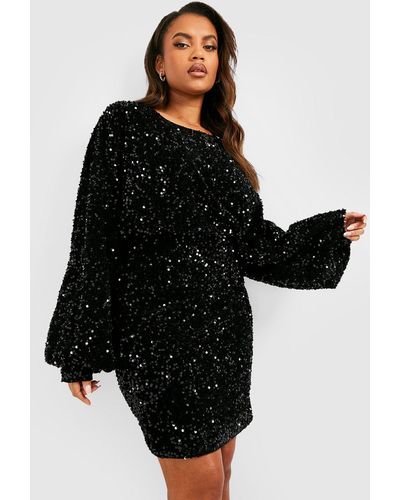 Boohoo Plus Oversized Blouson Sleeve Sequin Mini Dress - Black