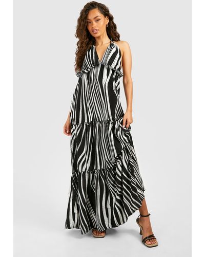 Boohoo Abstract Print Halterneck Tiered Maxi Dress - White
