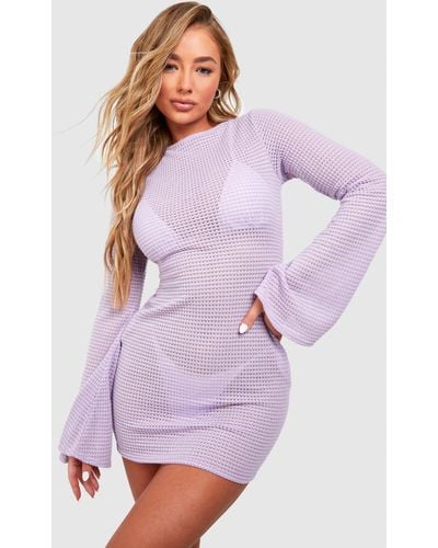 Boohoo Crochet Knit Open Back Beach Mini Dress - Purple