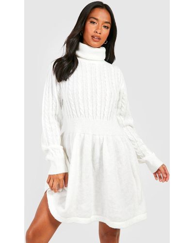 Boohoo Petite Cable Knit Roll Neck Skater Dress - White