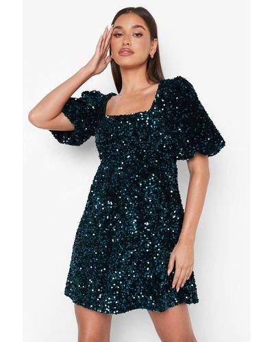 Boohoo Sequin Puff Sleeve Square Neck Smock Party Dress - Green