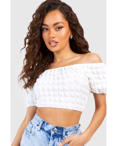 Boohoo Popcorn Textured Puff Sleeve Off The Shoulder Cropped Top - White