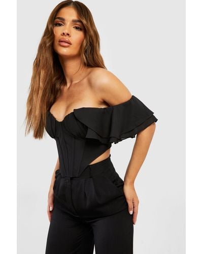 Boohoo Ruffle Sleeve Off The Shoulder Structred Corset Top - Black