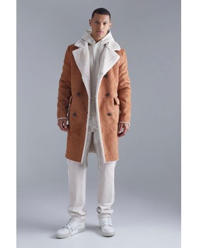 BoohooMAN Tall Borg Lined Double Breasted Overcoat In Tan - Gray