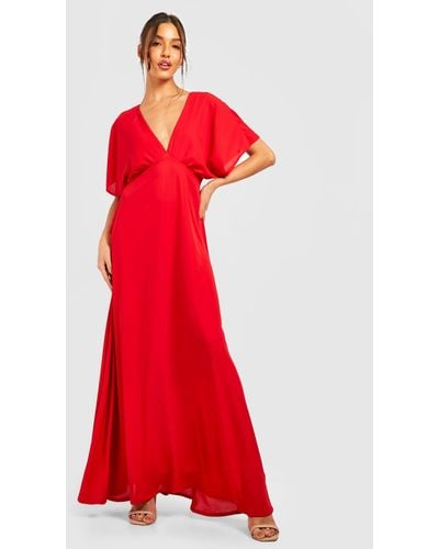 Boohoo Chiffon Batwing Rouched Maxi Dress - Red
