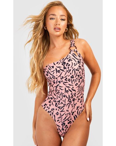 Boohoo Tiger Tummy Control O-ring One Shoulder Bathing Suit - Red