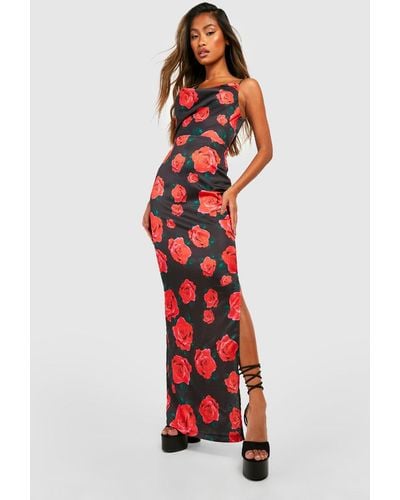 Boohoo Floral Asymmetric Maxi Slip Dress - Red