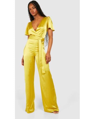 Boohoo Tall Occasion Satin Wrap Wide Leg Jumpsuit - Yellow