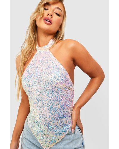 Boohoo Iridescent Sequin Halter Pointed Hem Tie Back Top - White