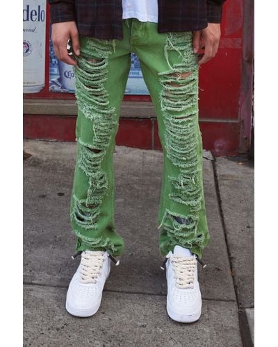 BoohooMAN Slim Rigid Flare All Over Ripped Jeans - Green