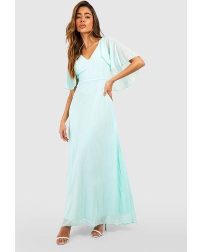 Boohoo Chiffon Cape Sleeve Maxi Bridesmaid Dress - Blue