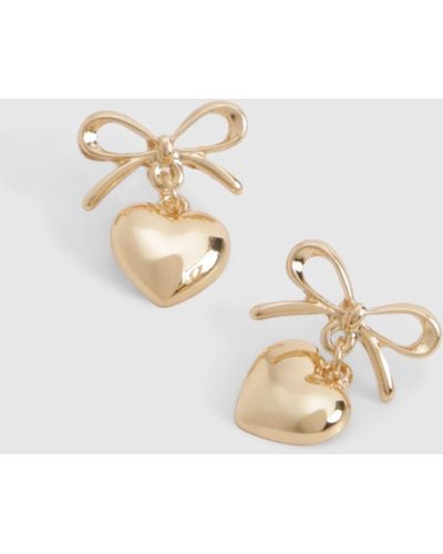 Boohoo Gold Bow & Heart Drop Earrings - Metallic