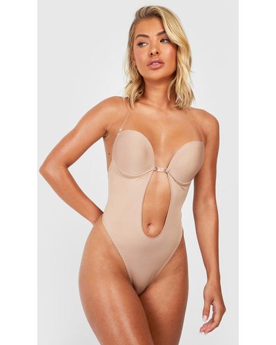 Boohoo Plunge Pull In Body Shaping One Piece - Brown