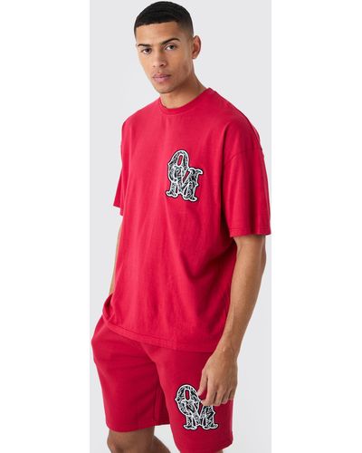 BoohooMAN Oversized Applique T-shirt & Short Set - Red