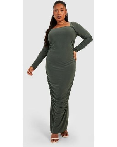 Boohoo Plus Double Slinky Ruched Square Neck Midi Dress - Green