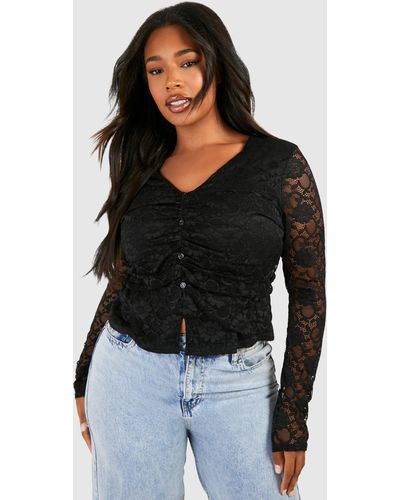 Boohoo Plus Button Front Lace Top - Negro