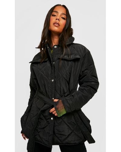 Boohoo Petite Diamond Quilted Belted Shacket - Black