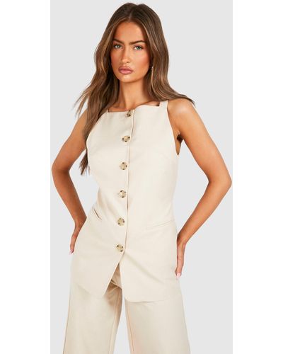 Boohoo Textured Mock Horn Button Front Longline Waistcoat - White