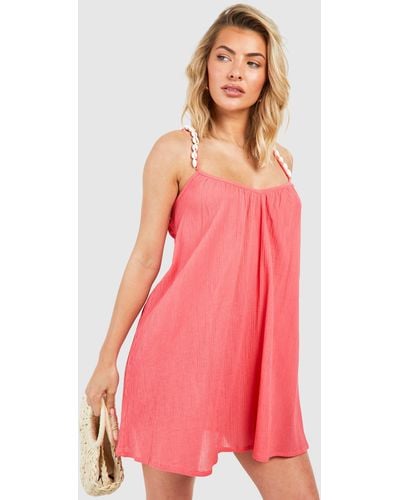 Boohoo Crinkle Shell Straps Beach Mini Dress - Pink