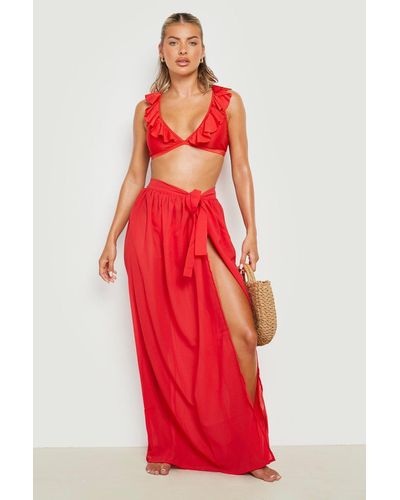 Boohoo Pareo Maxi Para La Playa De Chifón Con Atadura - Rojo