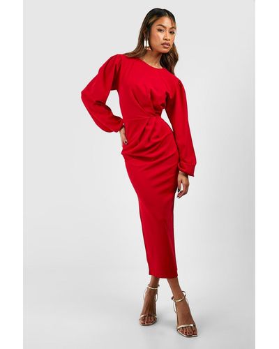 Boohoo Drape Side Volume Sleeve Crepe Midaxi Dress - Red