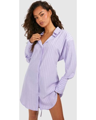 Boohoo Stripe Cinched Waist Shoulder Pad Shirt Dress - Purple