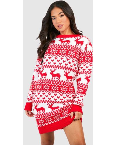 Boohoo Petite Hearts And Reindeer Fairisle Christmas Sweater Dress - Red