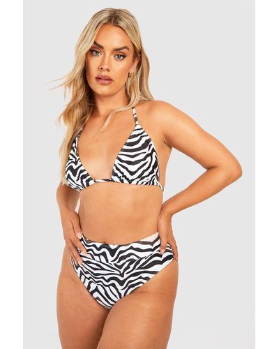 Boohoo Plus Zebra Print High Waisted Bikini Brief - Gray