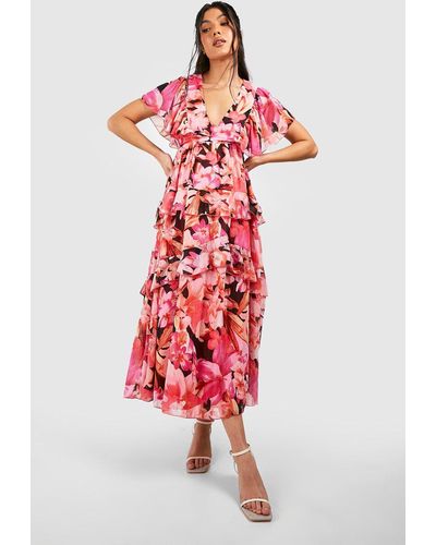Boohoo Maternity Occasion Floral Ruffle Midi Dress - Red