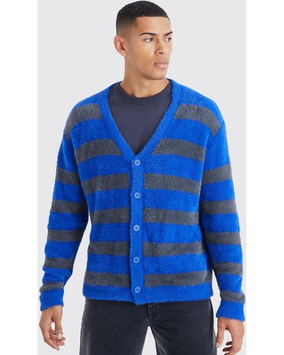 BoohooMAN Oversized Stripe Fluffy Cardigan - Blue