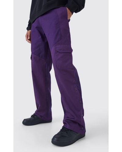 BoohooMAN Tall Slim Fit Color Block Cargo Trouser With Woven Tab - Purple