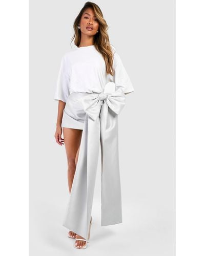 Boohoo Premium Structured Bow Draped Satin Mini Skirt - White