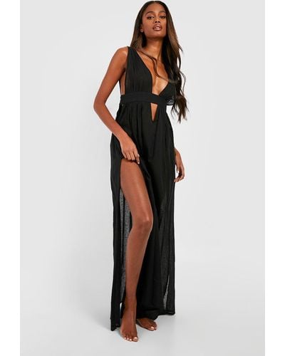 Boohoo Linen Look Plunge Split Maxi Beach Dress - Black