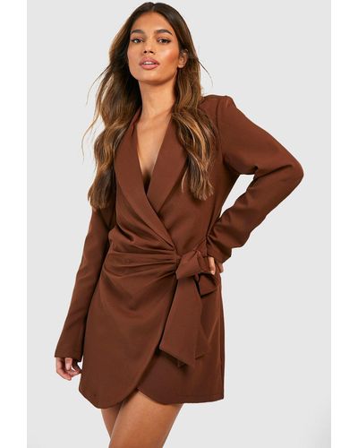 Boohoo Wrap Drape Front Tailored Blazer Dress - Brown