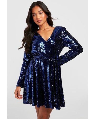 Boohoo Petite Sequin Wrap Belted Skater Dress - Blue