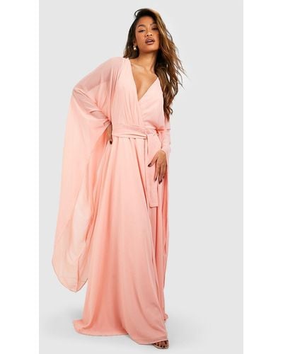 Boohoo Chiffon Wrap Cape Sleeve Maxi Dress - Pink