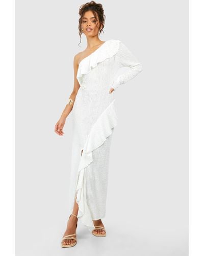 Boohoo One Shoulder Ruffle Sheer Knitted Midaxi Dress - White