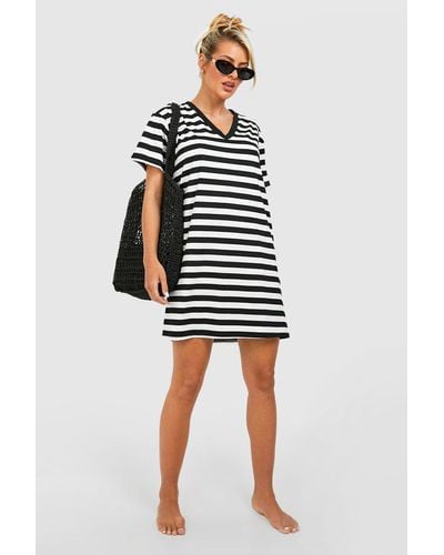 Boohoo Oversized V Neck Striped T-shirt Beach Dress - White