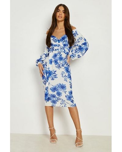 Boohoo Floral Off The Shoulder Wrap Midi Dress - Blue