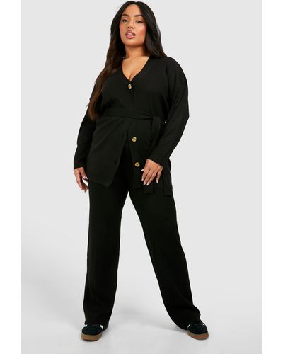 Boohoo Plus Slouchy Belted Cardigan And Wide Leg Knit Set - Black