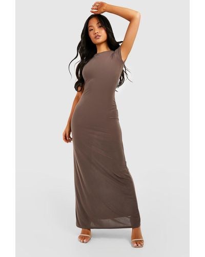 Boohoo Petite Cap Sleeve Slinky Maxi Dress - Brown