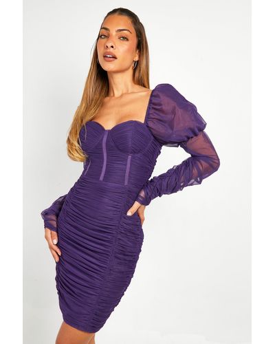 Boohoo Mesh Corset Ruched Bodycon Dress - Purple